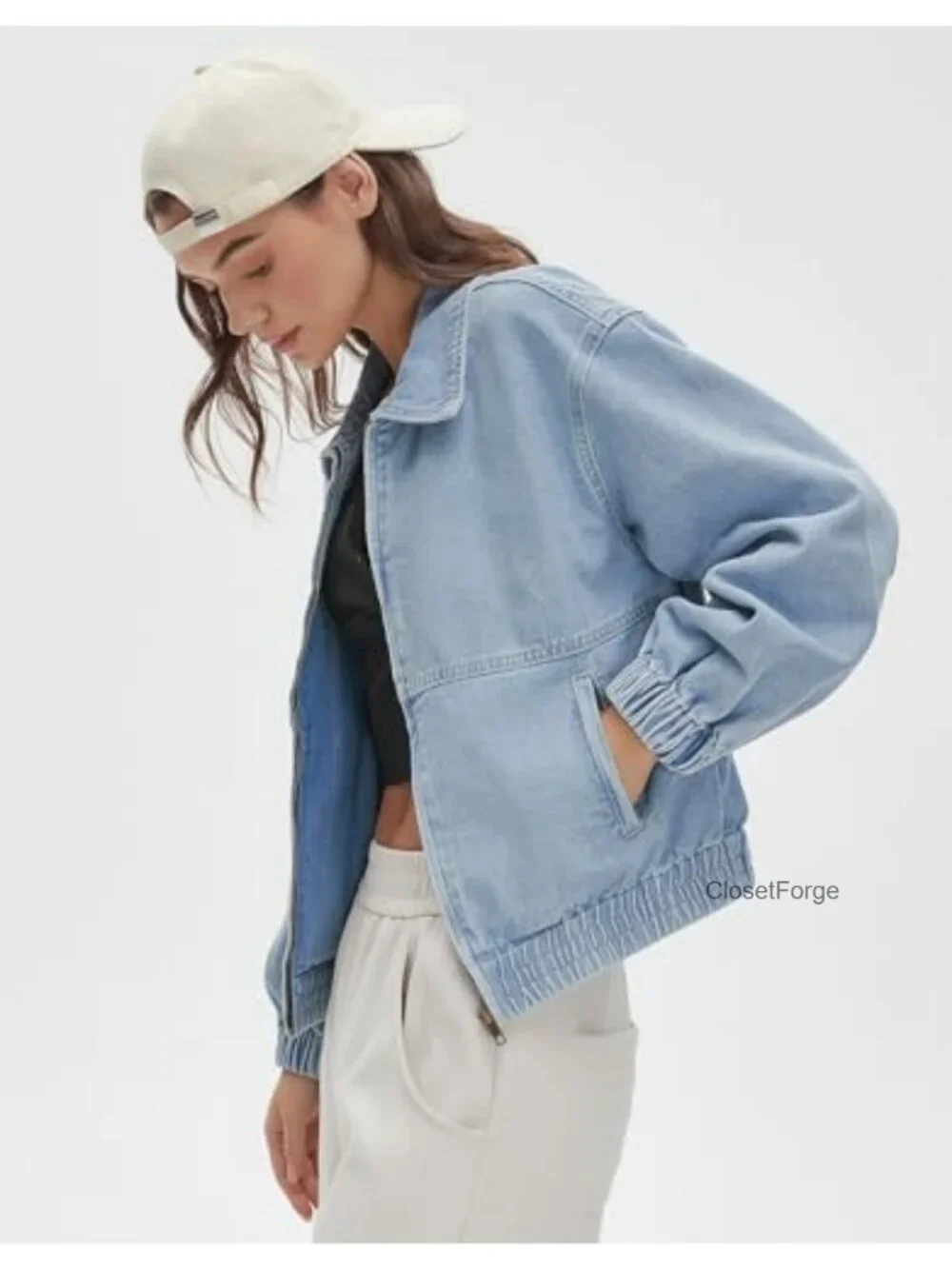 Long Sleeve Zip Up Elastic Hem Denim Jacket Bomber Coat